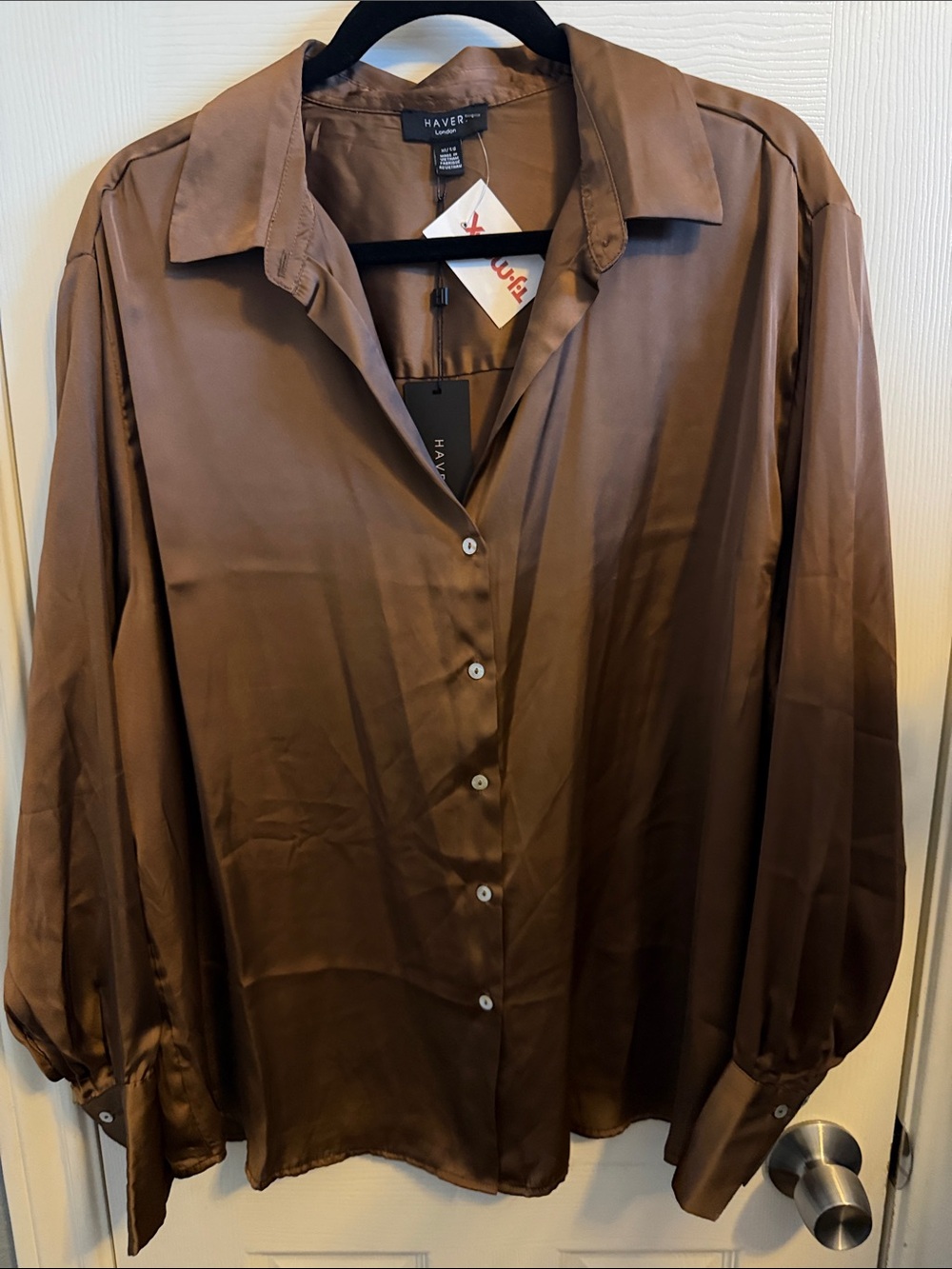 HaveBrown Satin Button-Down Blouse